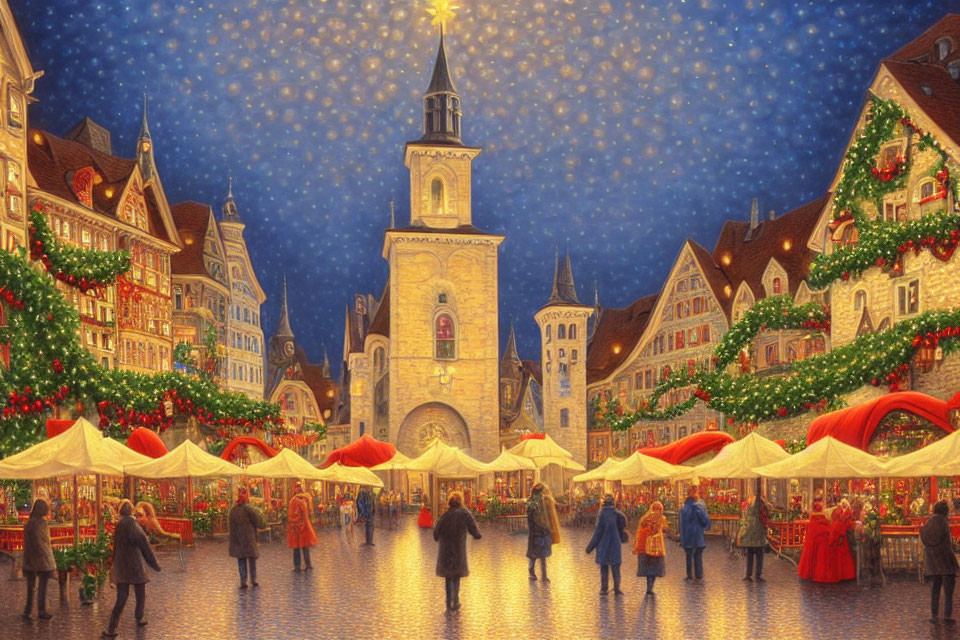 Colorful Christmas Market at Night: Festive Stalls, Decorations, and Crowd in Town Square