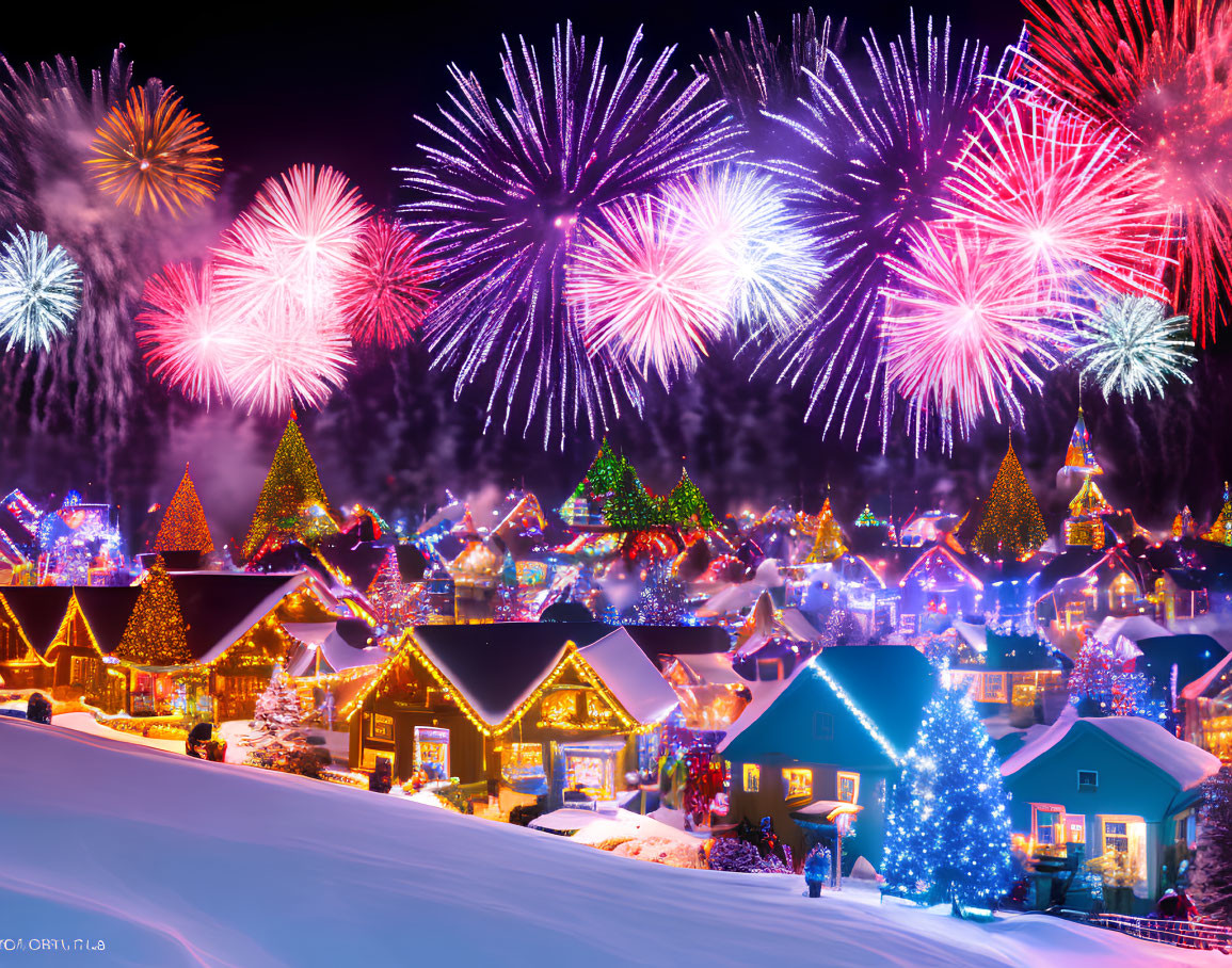 Colorful fireworks over snowy village with Christmas decorations