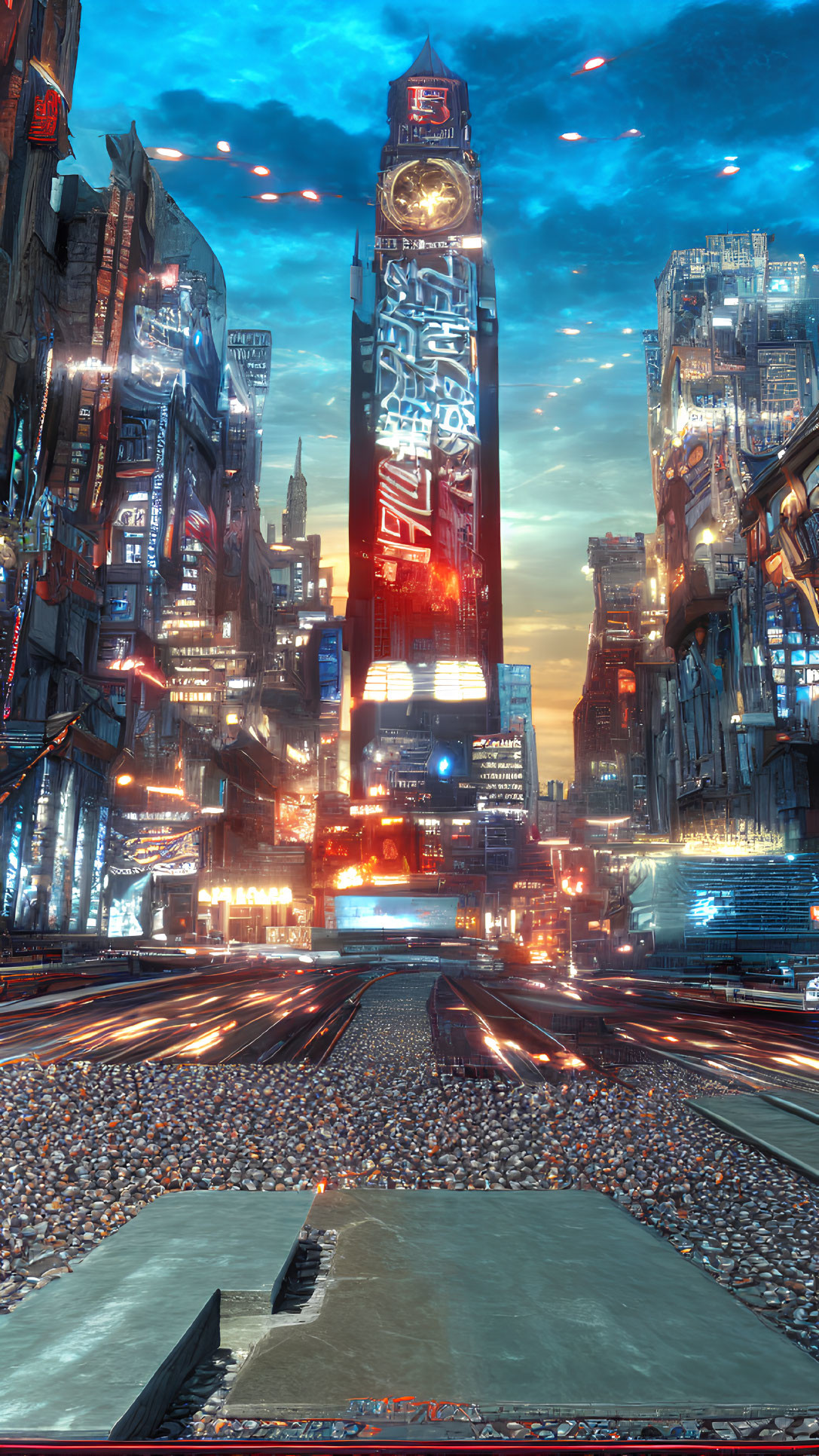 Futuristic cityscape at night with neon signs and skyscrapers