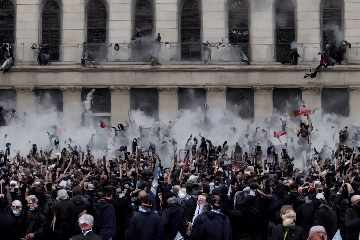 Crowd with raised arms and flags in front of smoky building.