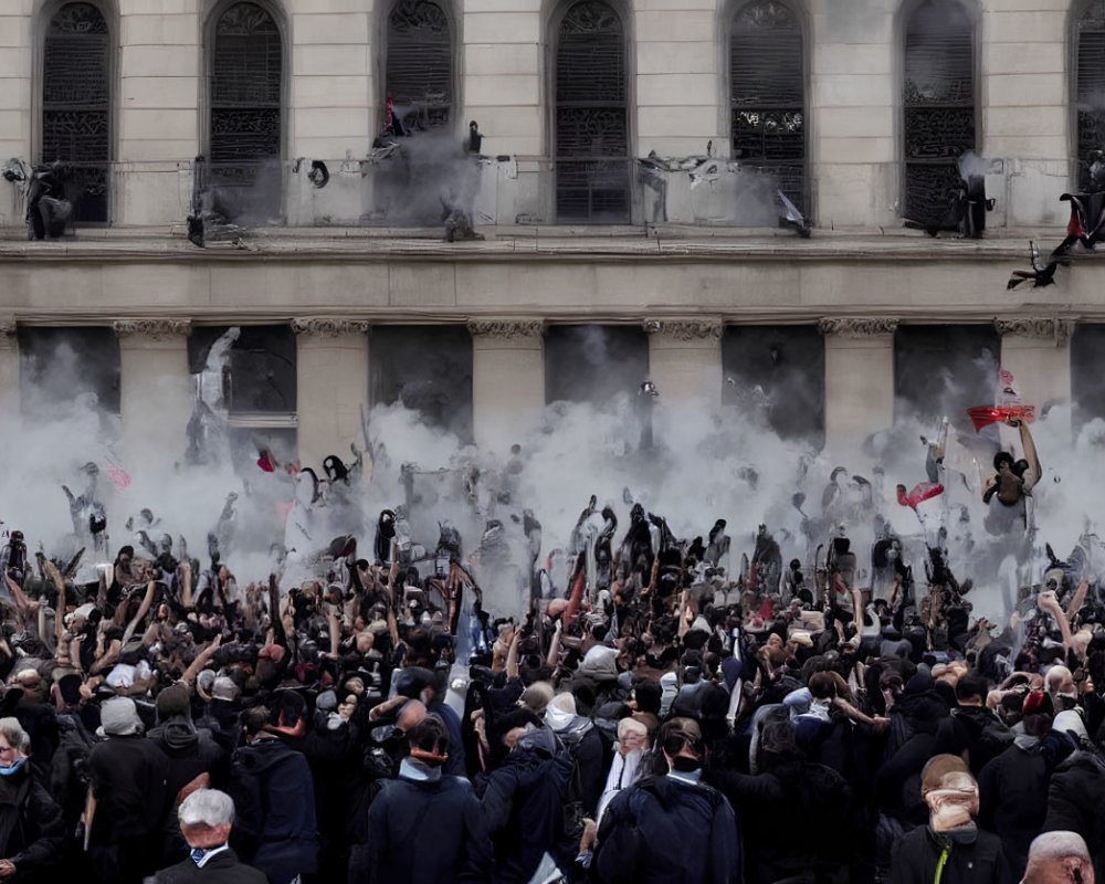 Crowd with raised arms and flags in front of smoky building.