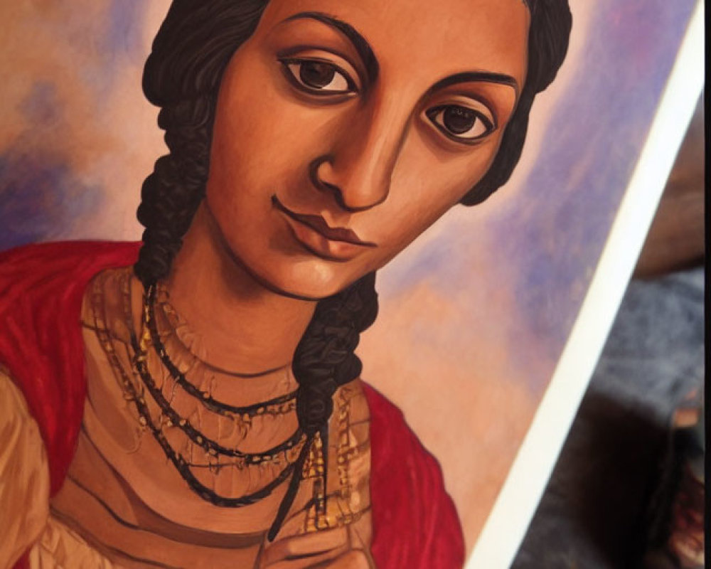 Traditional dressed woman with braided hair and beaded necklaces in portrait against warm background