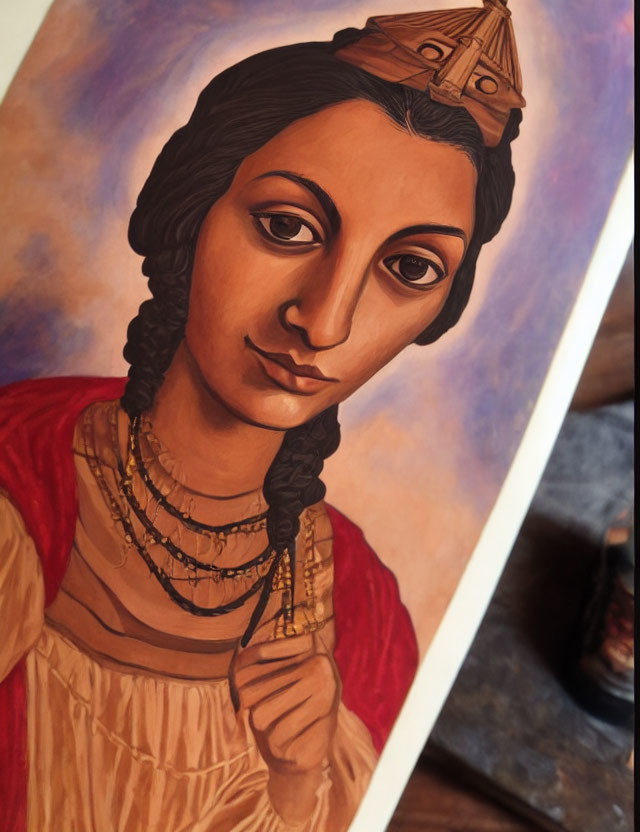 Traditional dressed woman with braided hair and beaded necklaces in portrait against warm background