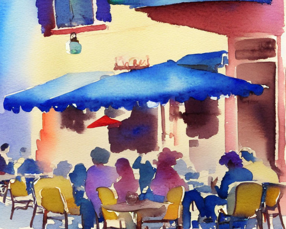 Colorful Watercolor Painting of Outdoor Café Scene with Blue Awning and Warm-Toned Building