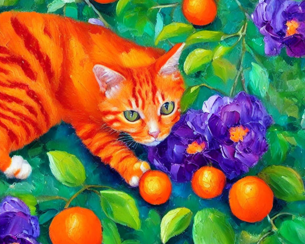 Orange Tabby Cat Surrounded by Purple Flowers and Orange Fruits