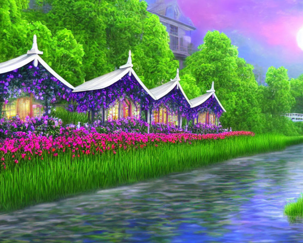 Charming waterside cottages with purple flowers and lush greenery