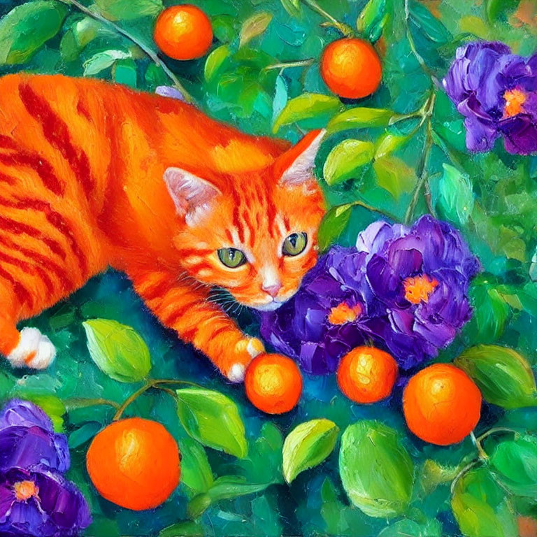 Orange Tabby Cat Surrounded by Purple Flowers and Orange Fruits