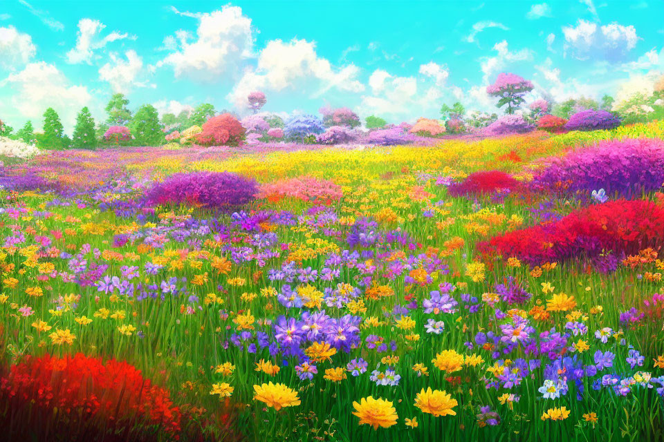 Colorful Blooming Meadow Under Sunny Sky