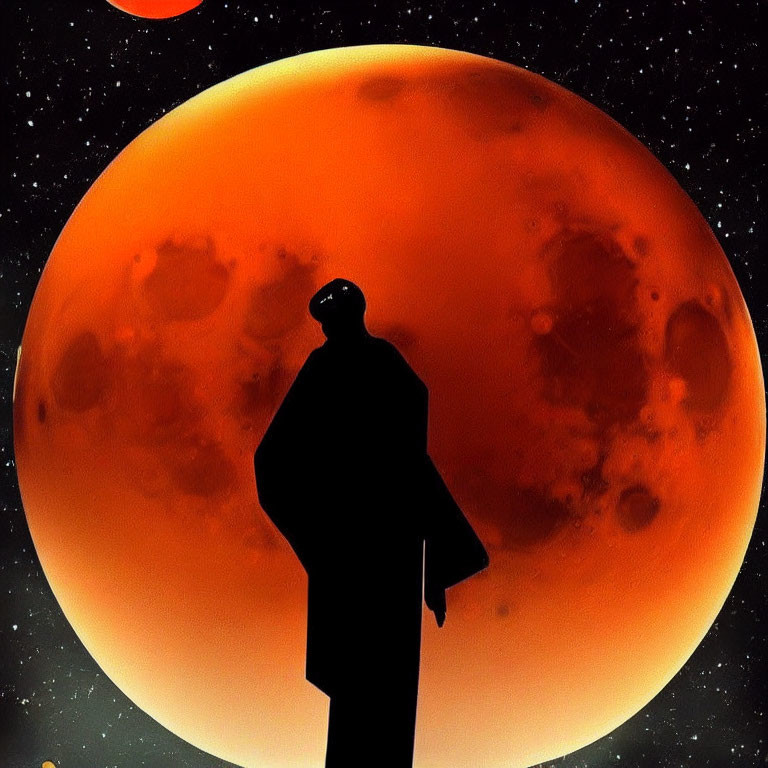 Person standing against large red moon in starry sky