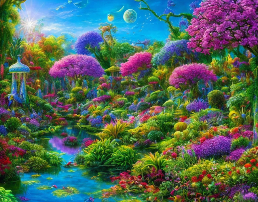 Colorful Garden with Stream and Celestial Sky