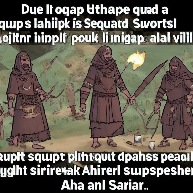 Three hooded animated characters with robes, one wielding a burning projectile weapon