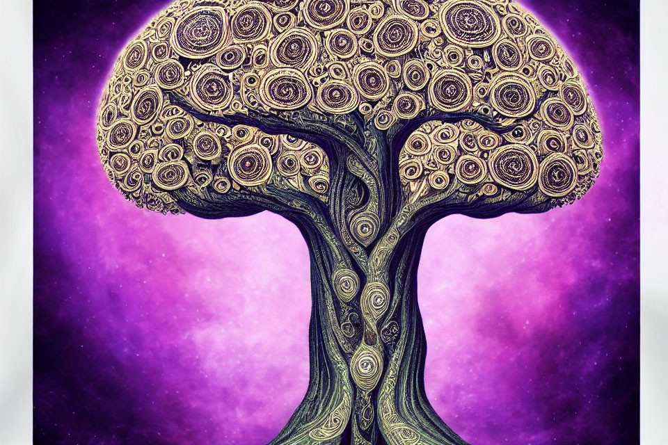 Swirling patterned tree on purple cosmic backdrop