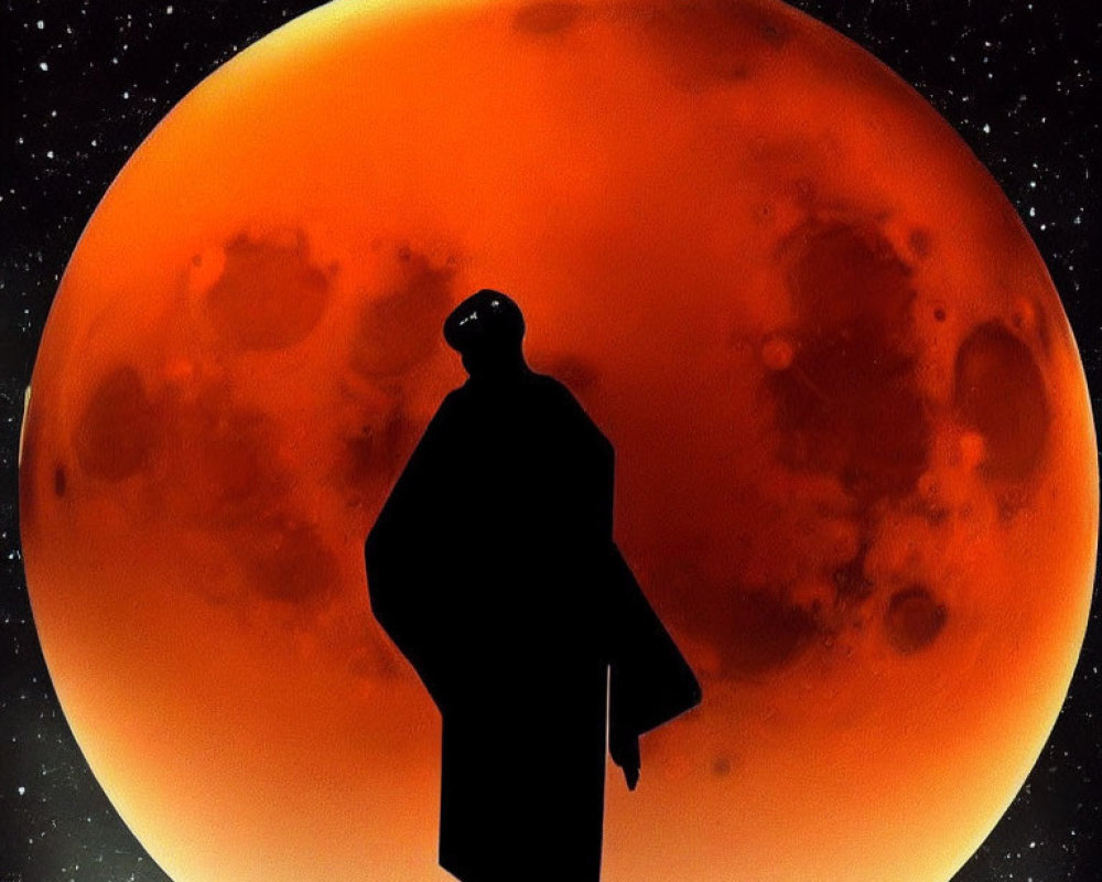 Person standing against large red moon in starry sky