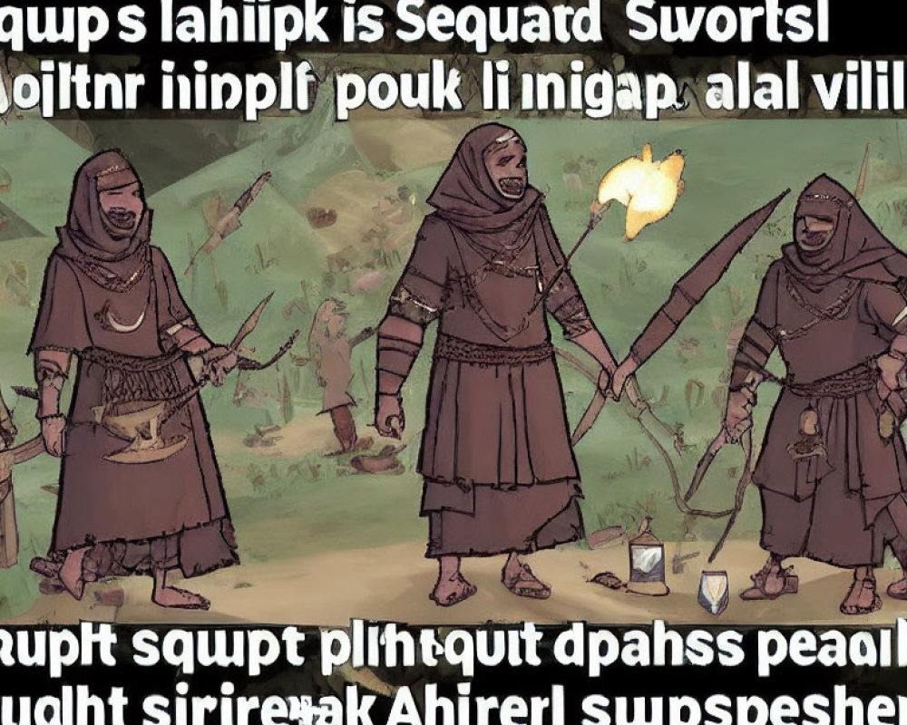 Three hooded animated characters with robes, one wielding a burning projectile weapon