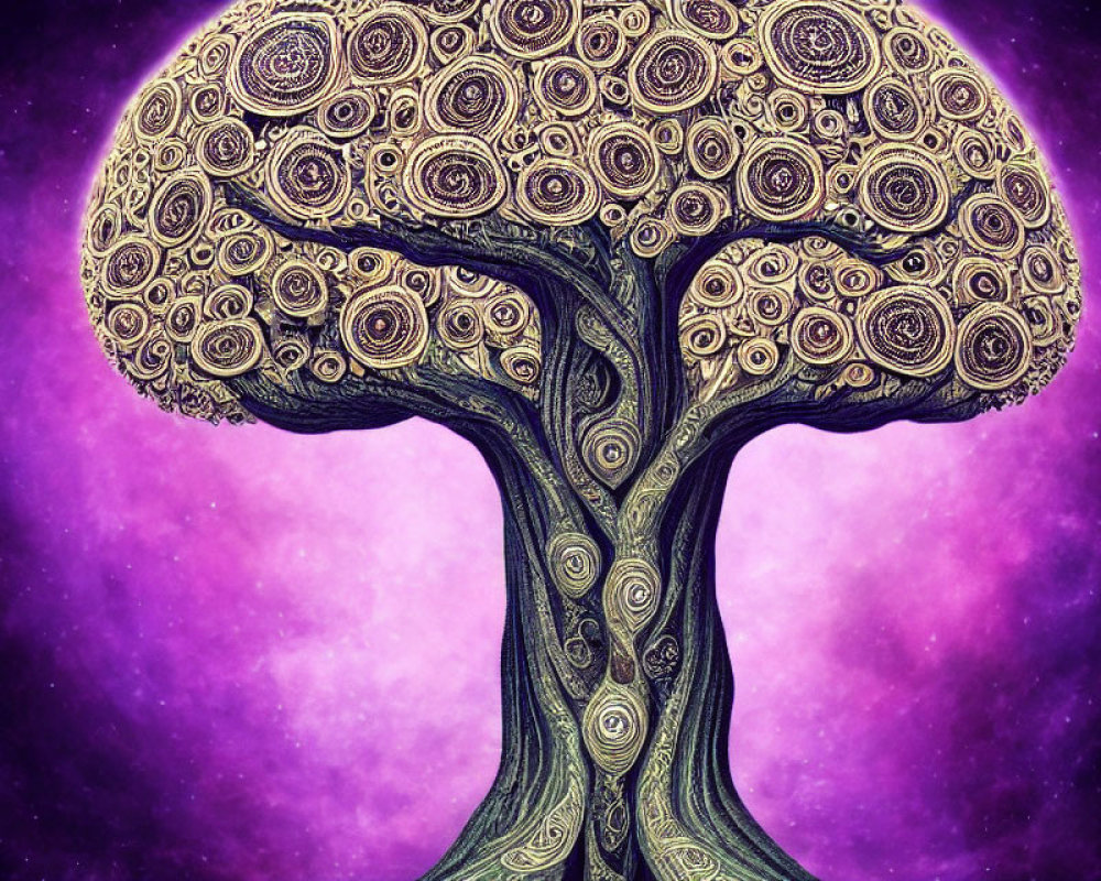 Swirling patterned tree on purple cosmic backdrop