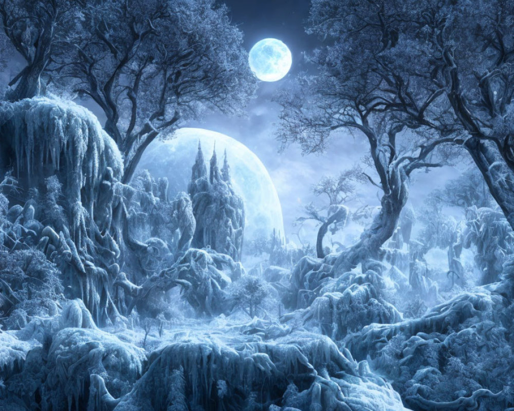 Frost-covered trees in mystical winter night landscape