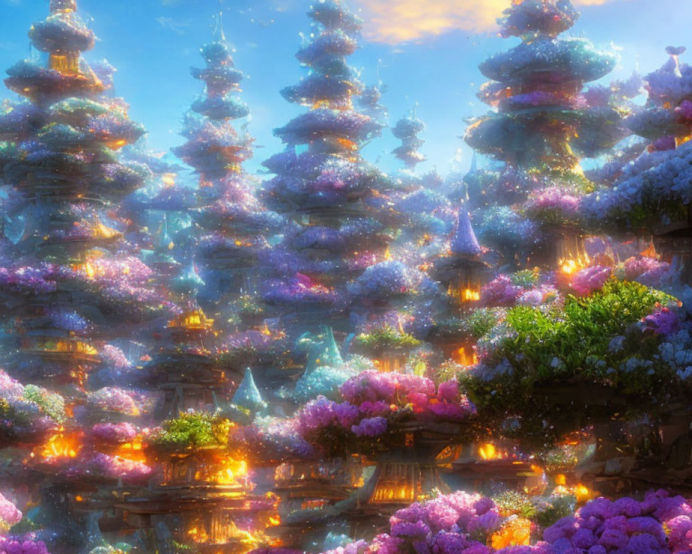 Fantastical illuminated landscape with ornate trees and vibrant flowers