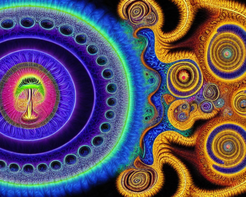 Vibrant fractal image with central spiral in purple and blue surrounded by orange and yellow shapes