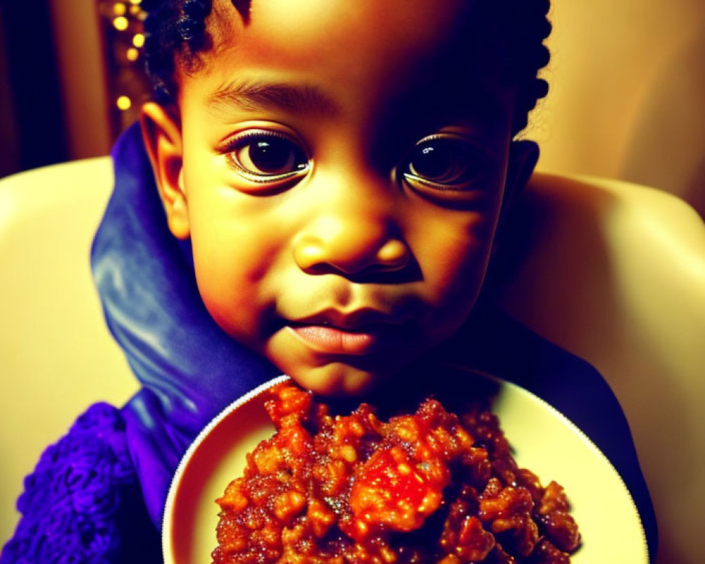 Child with Braided Hair Holding Stew Bowl and Purple Cloth