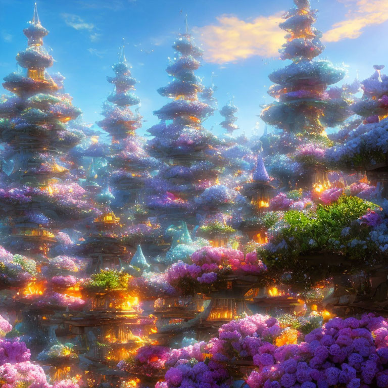 Fantastical illuminated landscape with ornate trees and vibrant flowers