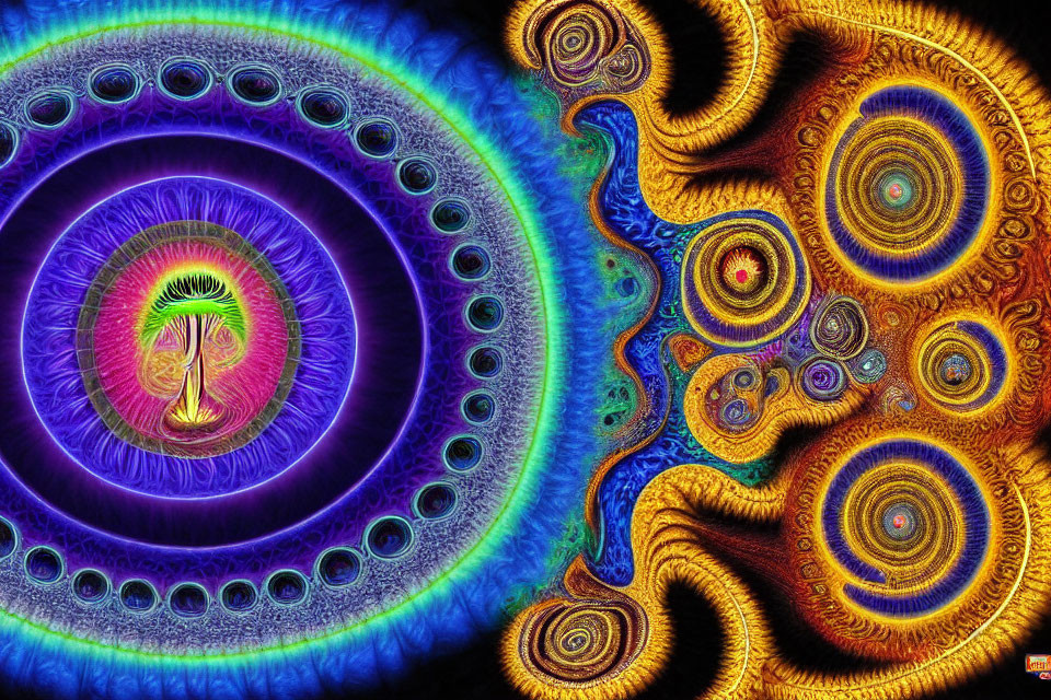 Vibrant fractal image with central spiral in purple and blue surrounded by orange and yellow shapes