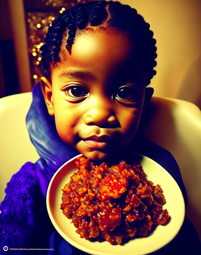 Child with Braided Hair Holding Stew Bowl and Purple Cloth