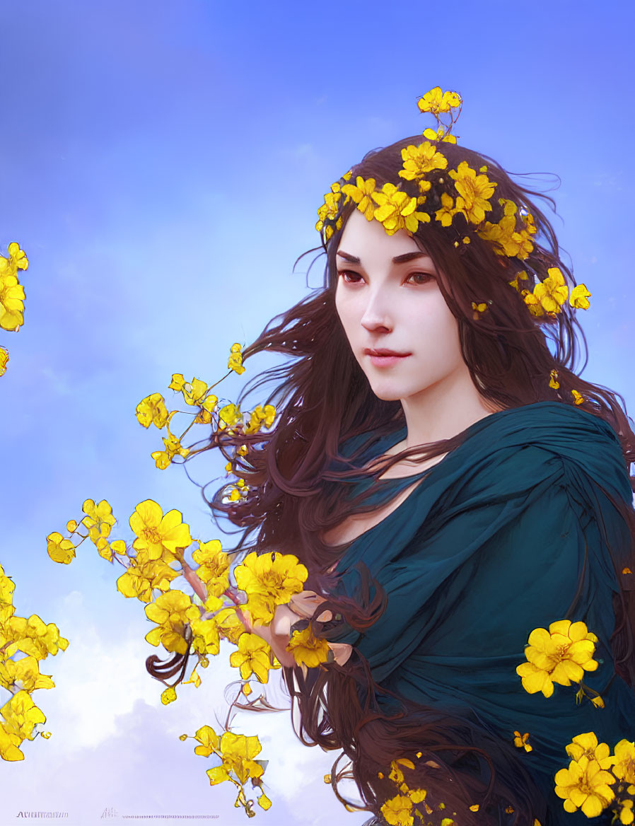 Digital Artwork: Woman with Dark Hair and Yellow Flowers in Green Garment