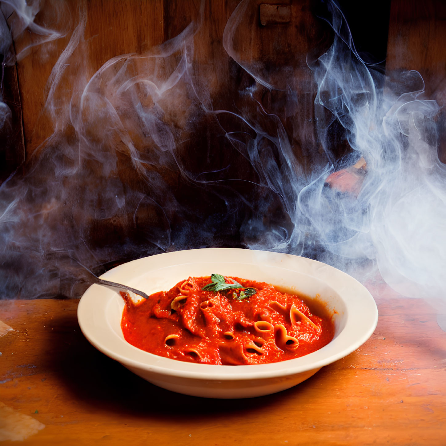 Steaming plate of pasta with tomato sauce and basil leaf on wooden table