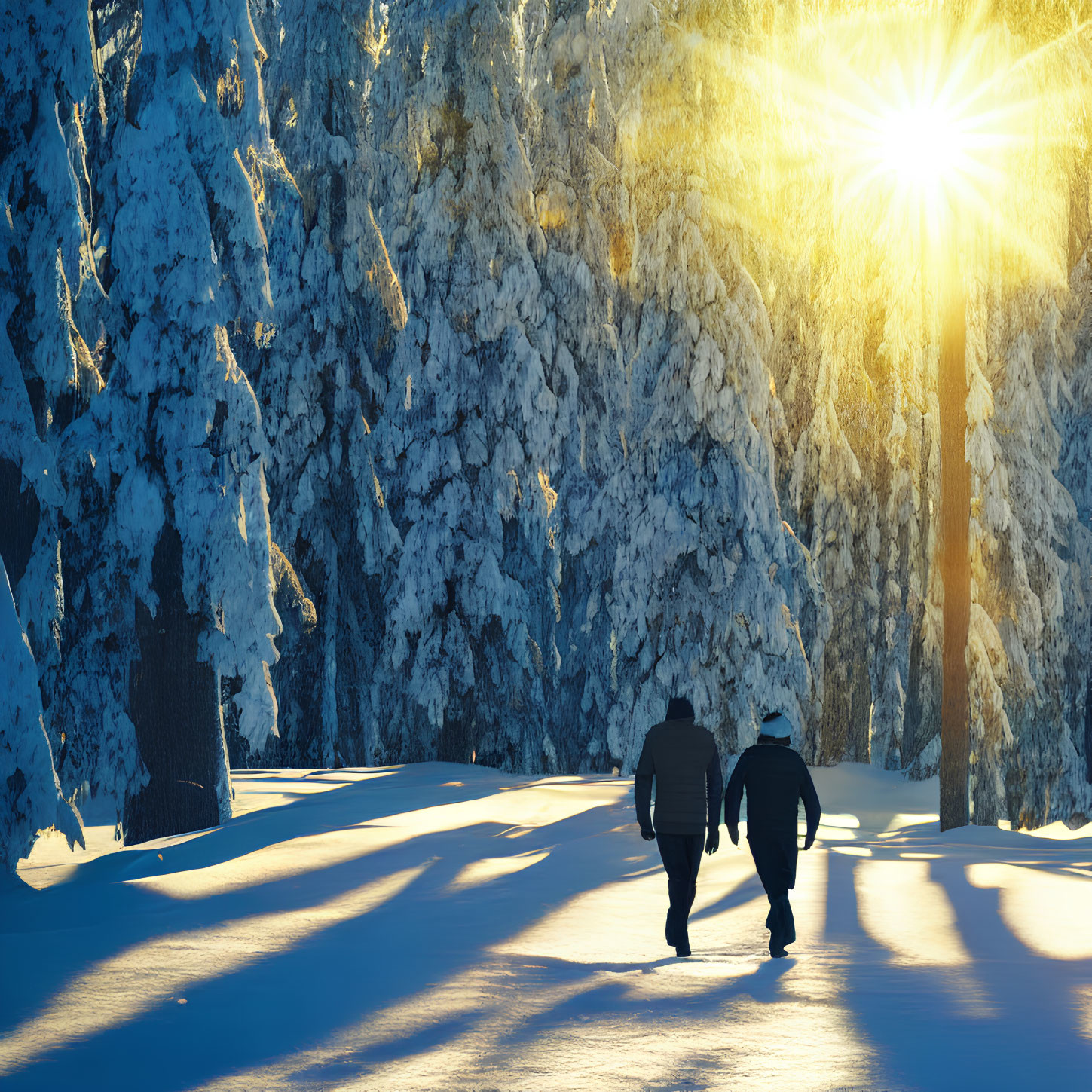 Snowy forest scene: Two people walking in sunlight.