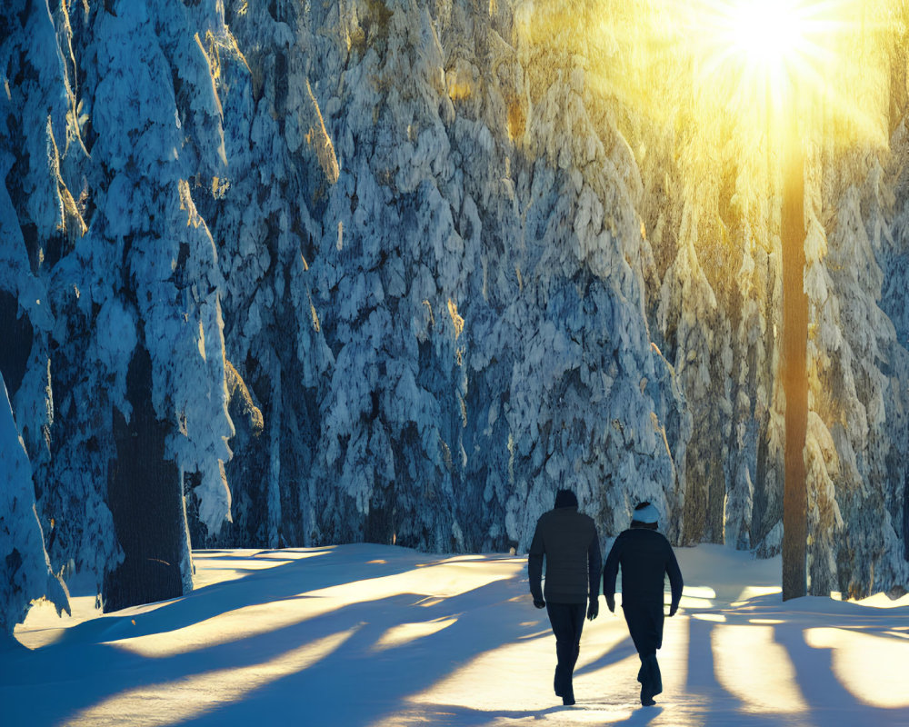 Snowy forest scene: Two people walking in sunlight.