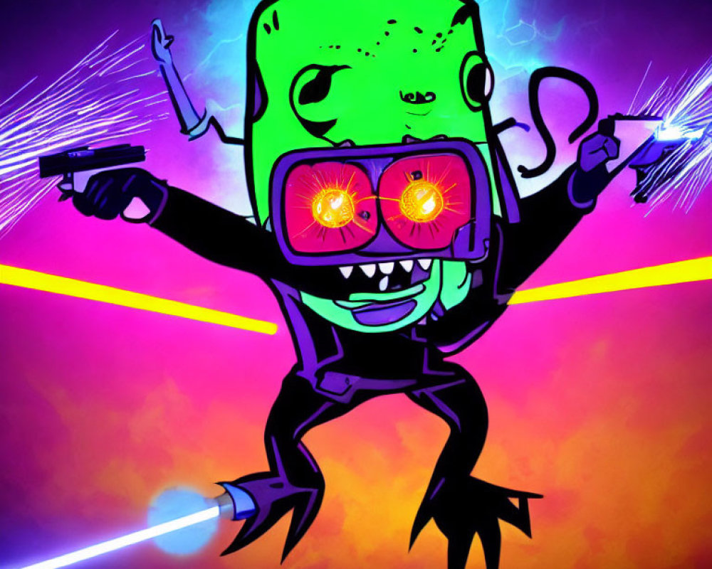 Colorful Cartoon Alien with Boombox Eyes and Blasters in Neon Laser Background