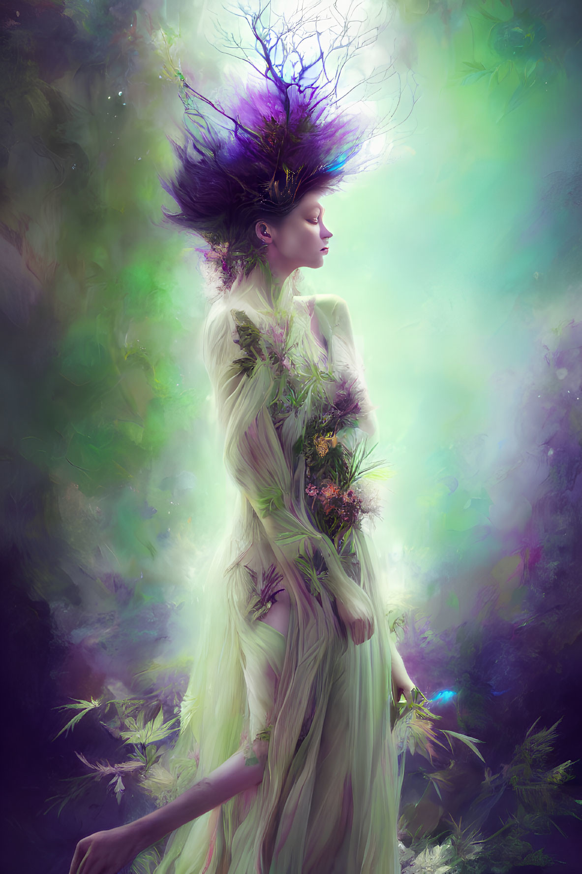 Ethereal woman in tree headpiece in mystical forest