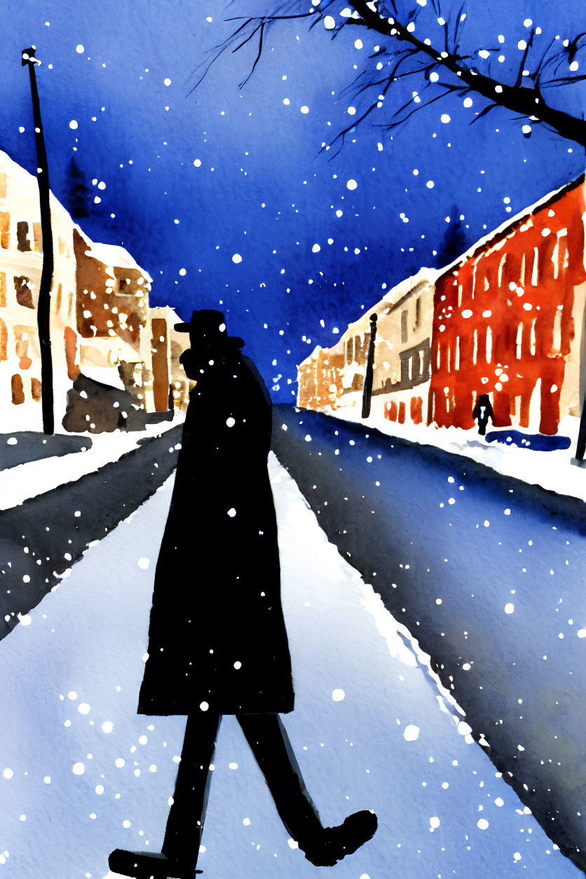 Silhouette of person in coat and hat walking snowy night street