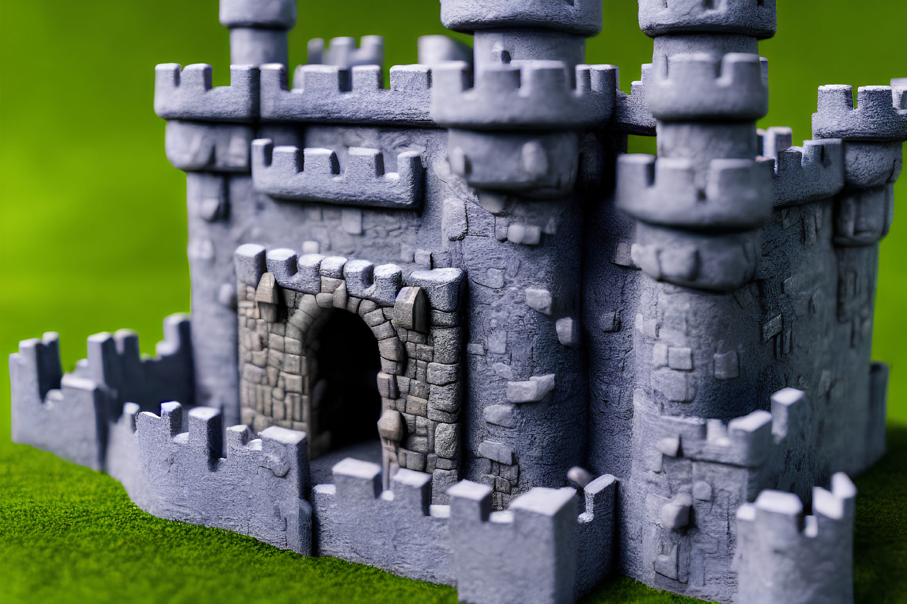 Miniature Stone Castle Model with Turrets and Secured Gatehouse on Vibrant Green Background