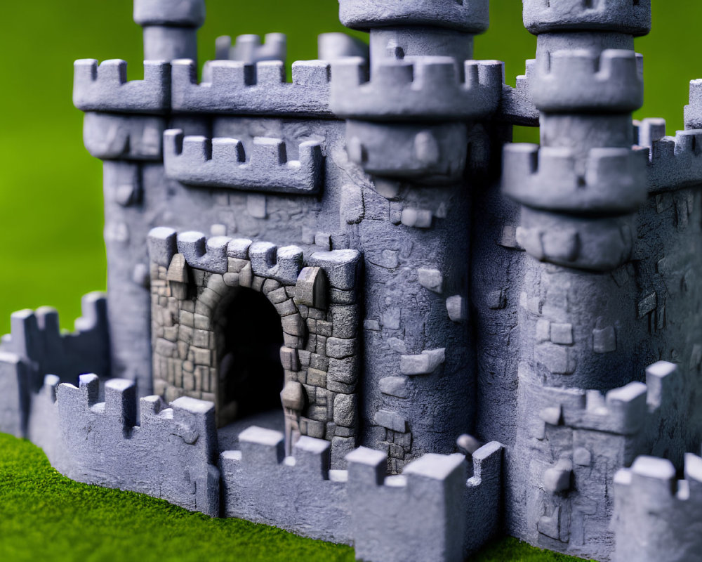 Miniature Stone Castle Model with Turrets and Secured Gatehouse on Vibrant Green Background