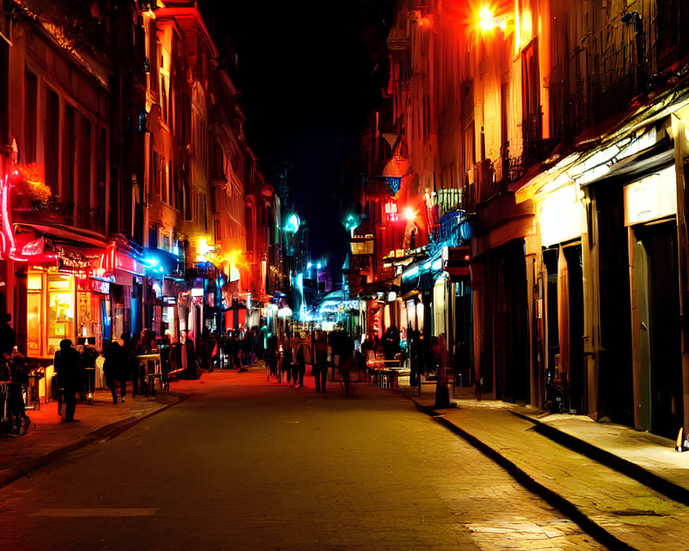 Vibrant Night Street Scene with Illuminated Signs and Pedestrians