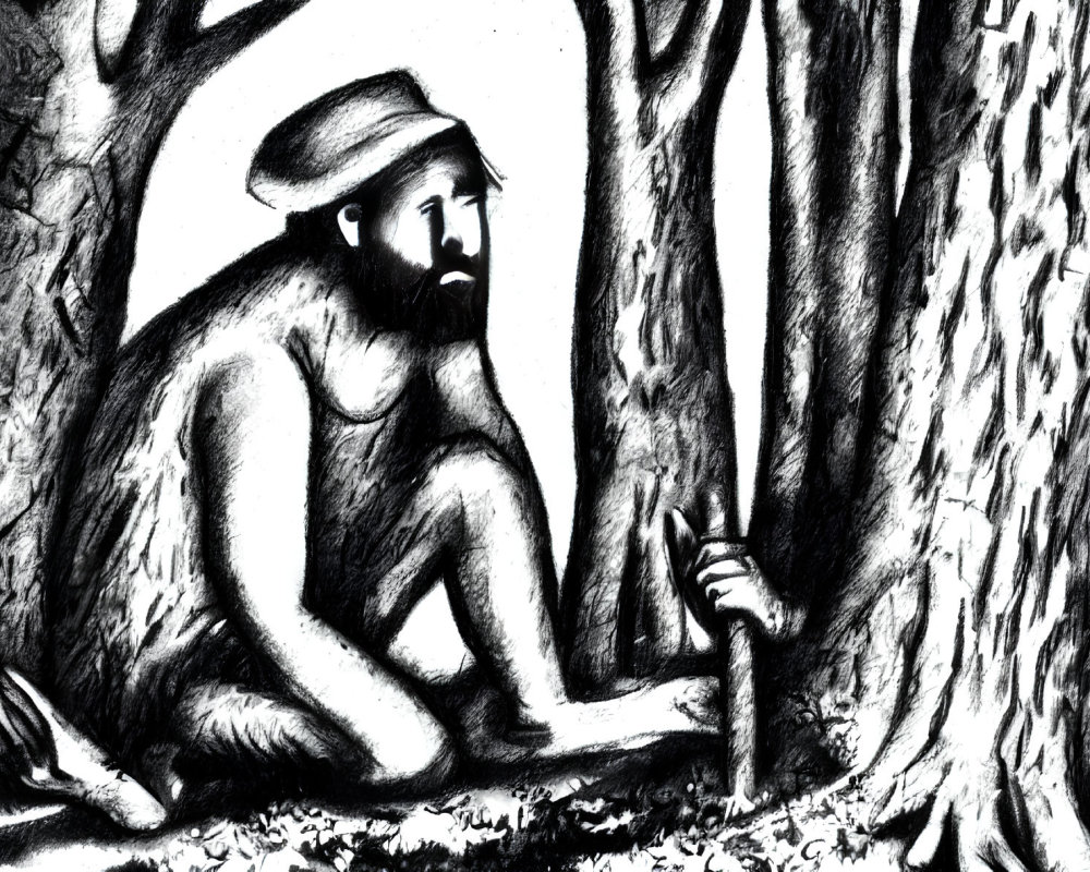 Bearded Man in Hat Sketch in Forest Clearing