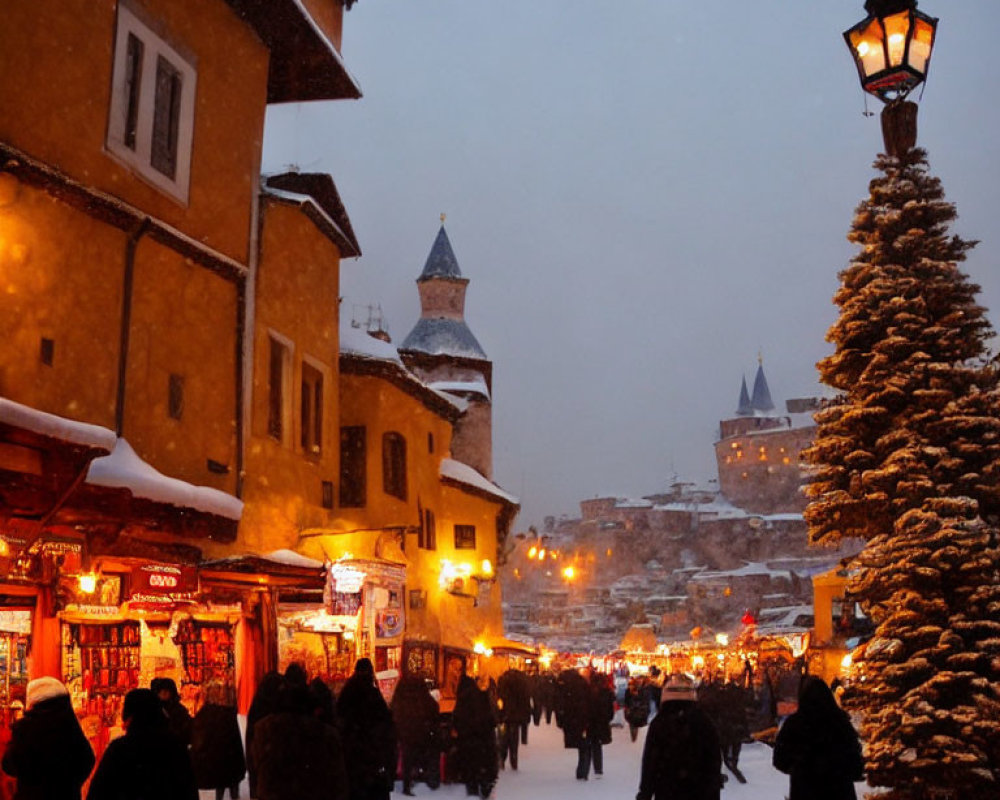 Snowy Evening Scene: Bustling Market Street with People, Shops, Christmas Tree, Historical Buildings,