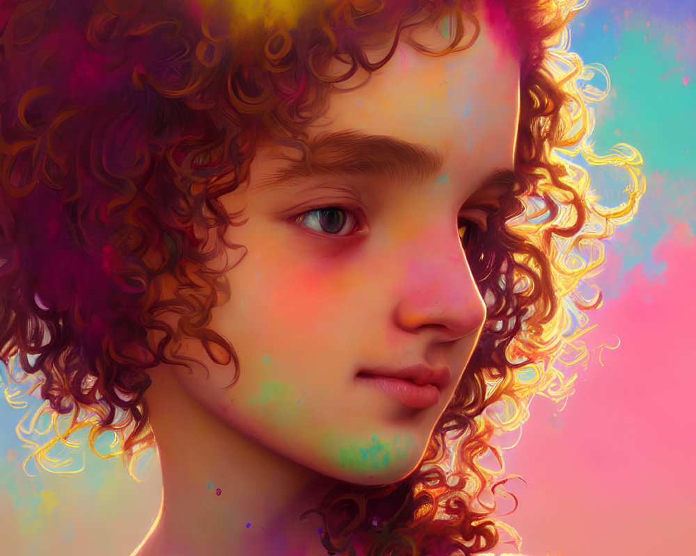 Vibrant curly hair portrait with colorful paint splashes on warm background