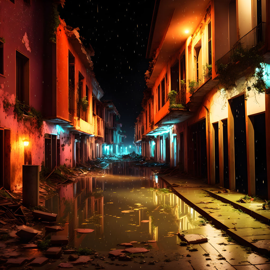 Deserted, Dilapidated Street at Night with Vibrant Blue and Orange Lights