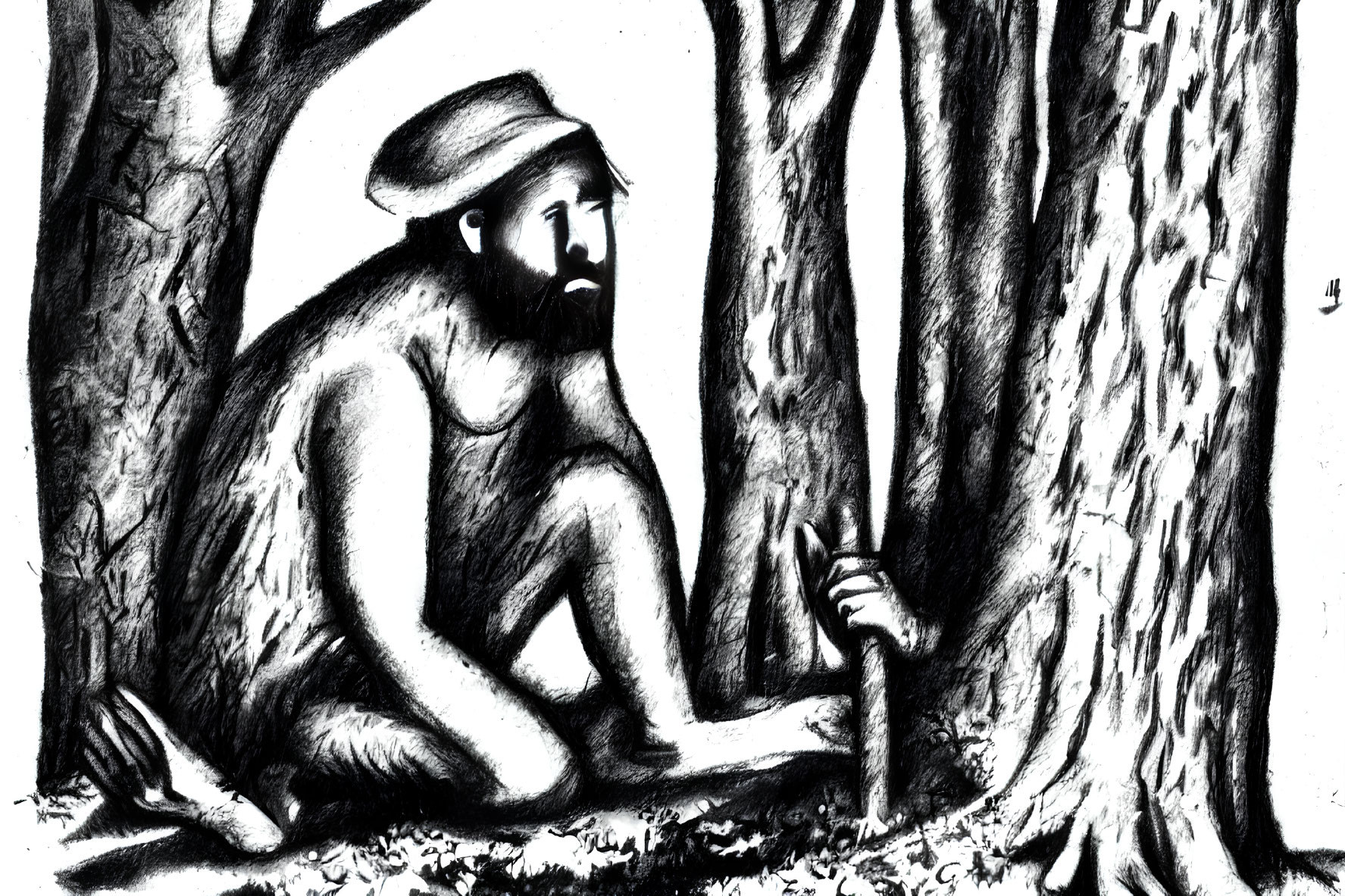 Bearded Man in Hat Sketch in Forest Clearing