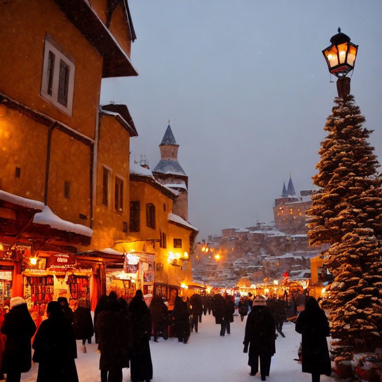 Snowy Evening Scene: Bustling Market Street with People, Shops, Christmas Tree, Historical Buildings,