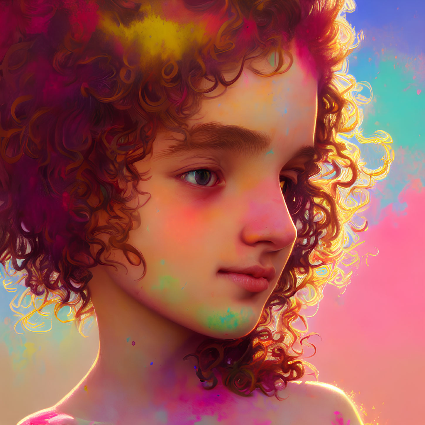 Vibrant curly hair portrait with colorful paint splashes on warm background