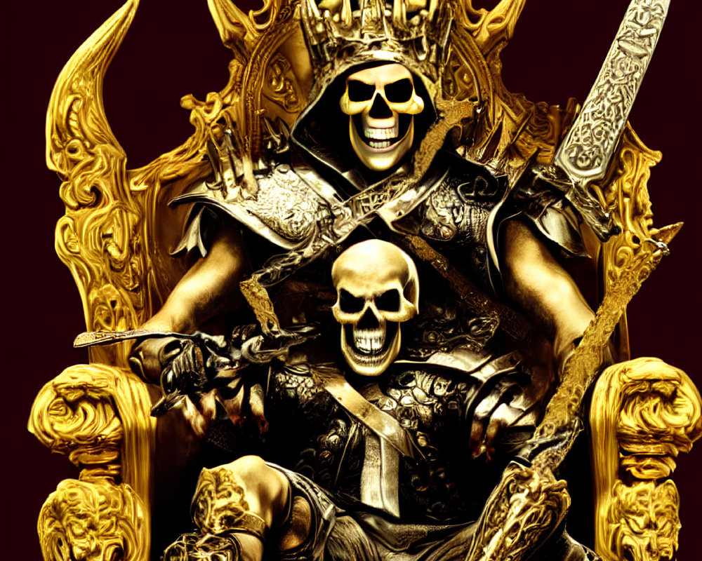 Golden skeleton in intricate armor wields sword amidst menacing skull motifs