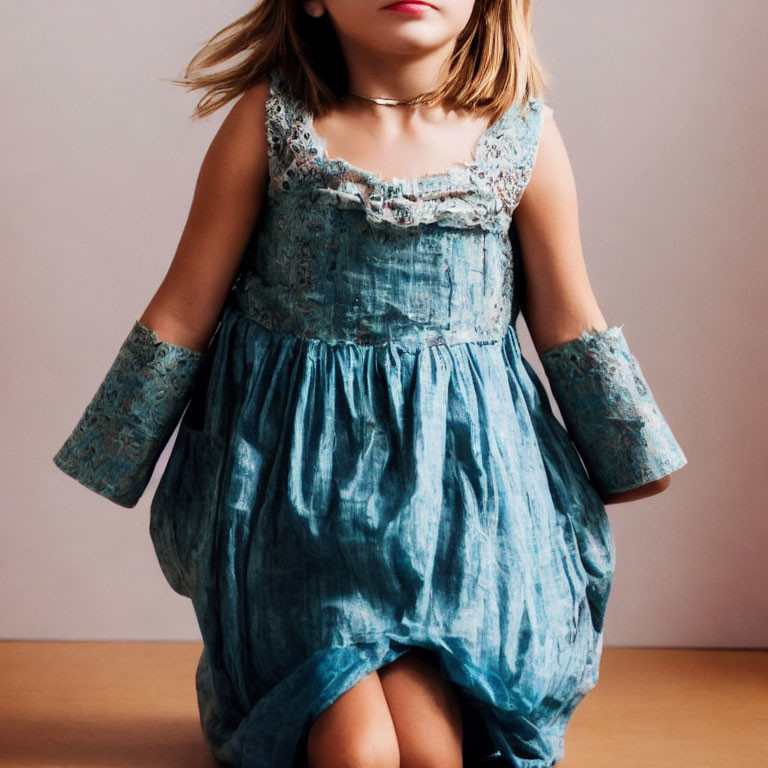 Child in Blue Textured Dress with Lace Details and Tousled Hair