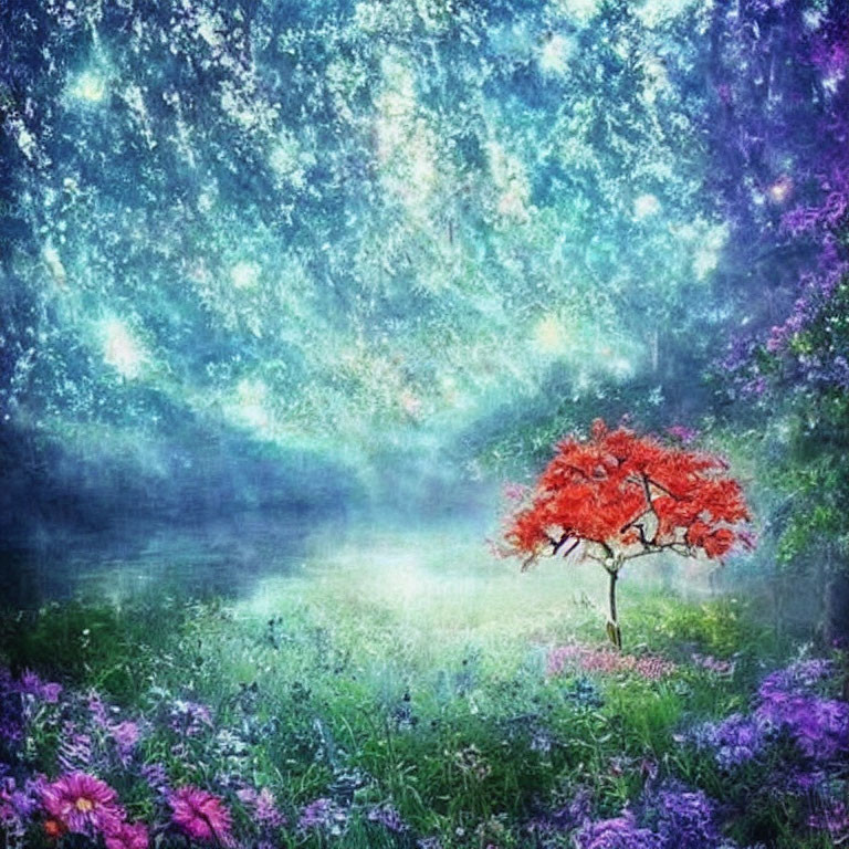 Vibrant red tree in dreamy purple wildflower scene
