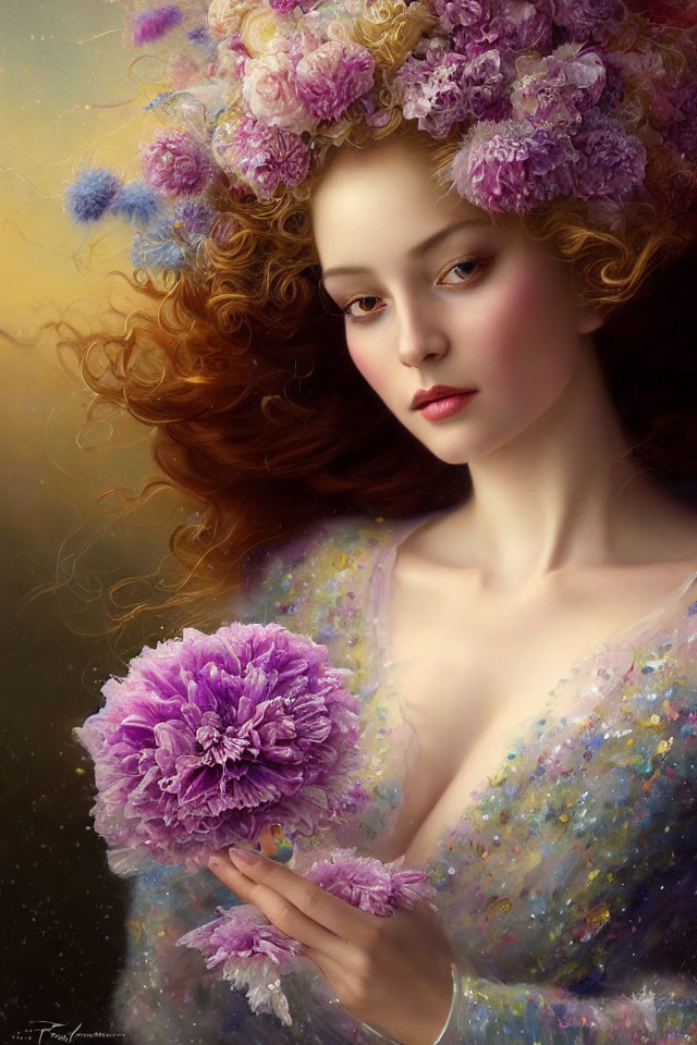 Portrait of woman with auburn hair holding purple flower in sparkling dress