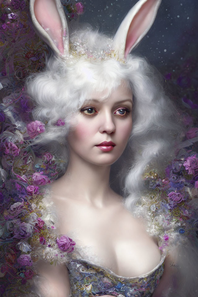 Portrait of woman with rabbit ears and white hair in floral setting against starry backdrop