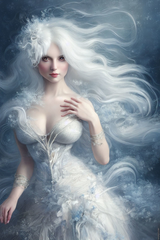 Pale woman with white hair and gown in fantasy ice queen setting against ethereal background