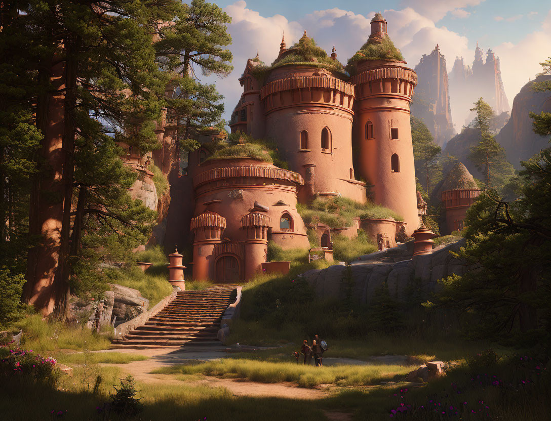 Majestic castle with towers in serene forest at sunset with figures.